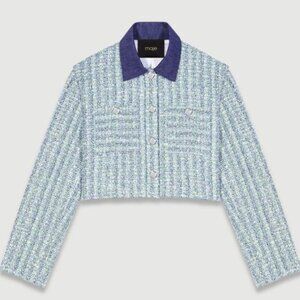 Maje Blue Tweed Cropped Jacket - Size 42, L-XL